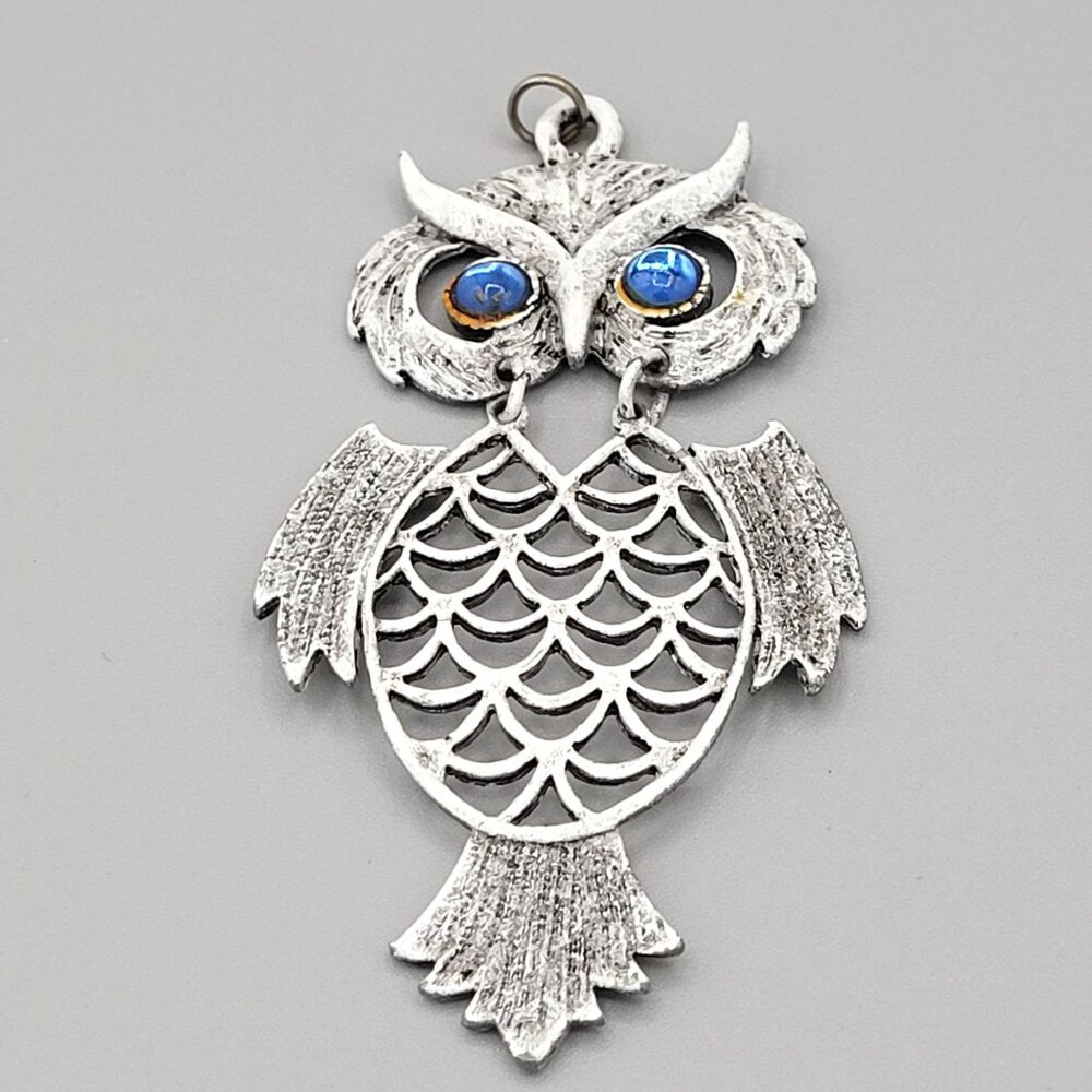Distressed White Articulated Owl Pendant Beaded Blue Eyes Retro Vintage 4"